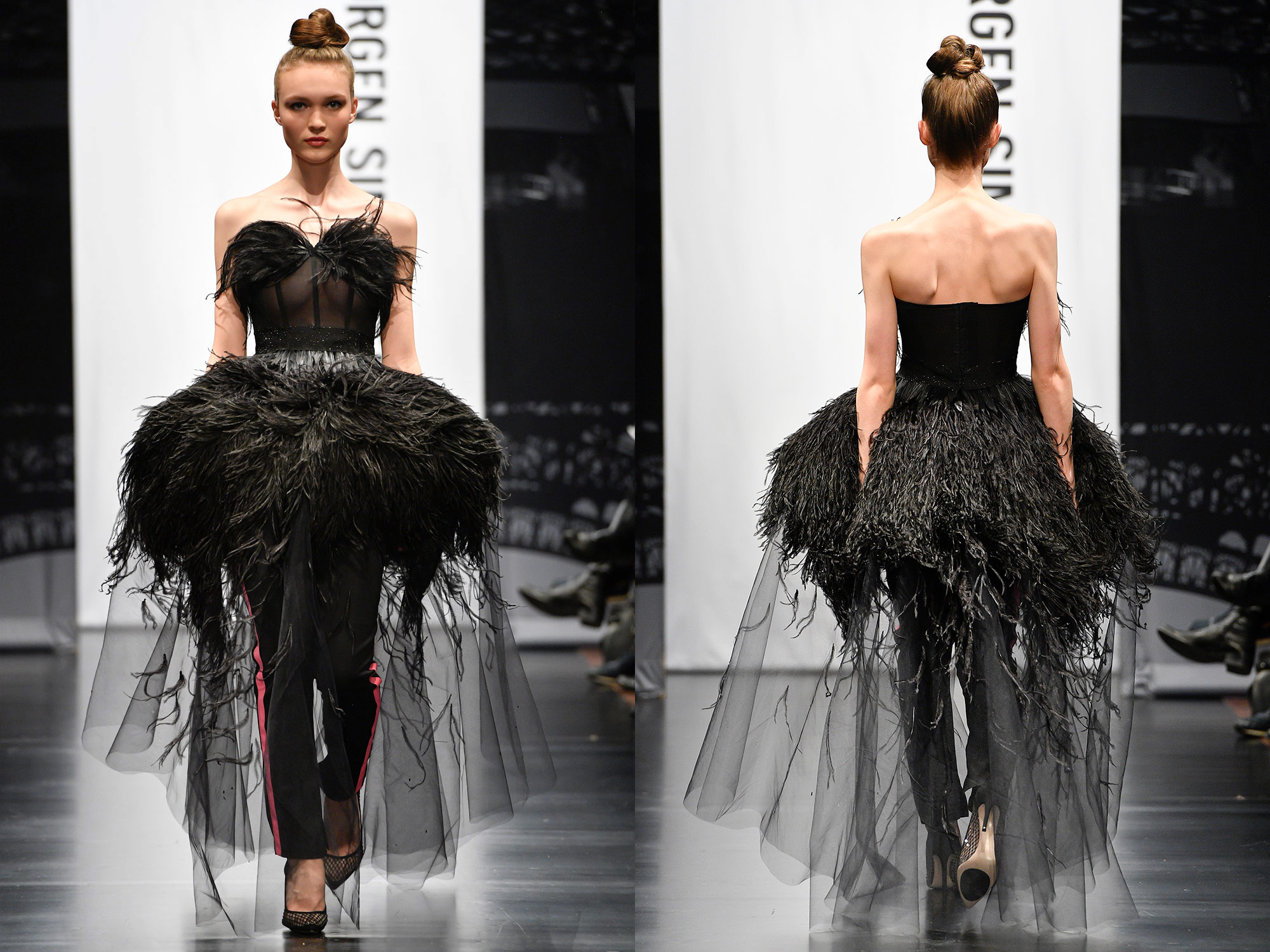 Jorgen Simonsen jupe et un bustier en plumes d'autruche noires